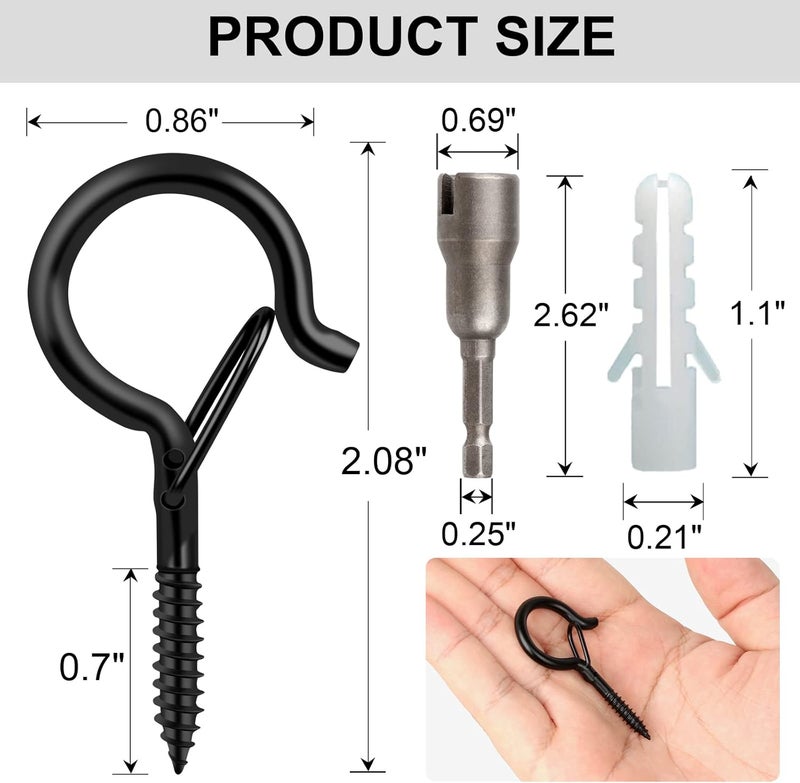 FSAH 96 PCS Q-Hanger Hooks, Screw Hooks for Outdoor String Lights, Safety Buckle Design Cup Eye Hook for Hanging Christmas Lights, Plants, Mounted on Wall Ceiling, Include 1 Wing Nut Driver, Black - Image 5